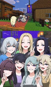 6+girls alpha_(kagejitsu) animal_ears beta_(kagejitsu) blush cat_ears closed_eyes commentary_request delta_(kagejitsu) elf epsilon_(kagejitsu) eta_(kagejitsu) gamma_(kagejitsu) highres kage_no_jitsuryokusha_ni_naritakute! long_hair looking_at_viewer minecraft mole mole_under_mouth multiple_girls open_mouth pointy_ears shirt short_hair smile standing t-shirt tatakauman wolf_ears zeta_(kagejitsu)