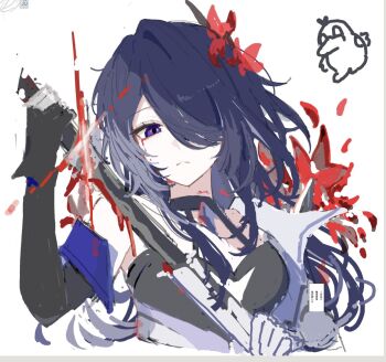 1girl acheron_(honkai:_star_rail) blood bloody_tears choker flower gloves hair_over_one_eye holding holding_sword holding_weapon honkai:_star_rail honkai_(series) long_hair magnet_8_8 open_clothes purple_eyes purple_hair red_flower sheath strap sword unsheathing very_long_hair weapon white_background