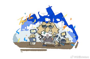 1boy ahoge animal_ears arknights black_shirt blonde_hair blue_eyes blue_jacket blue_sky confetti dog dog_boy dog_ears dog_tail english_text eyewear_on_head gloves holding holding_microphone instrument jacket keyboard_(instrument) microphone microphone_stand one_eye_closed screen shidare_(youh4016) shirt sky tail tequila_(arknights) tequila_(top_tier_live)_(arknights)