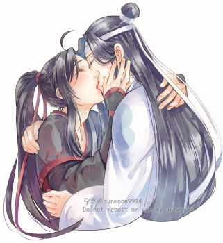 2boys ahoge bishounen black_hair black_hanfu blush chinese_clothes closed_eyes couple french_kiss hair_ribbon hand_on_another's_face hand_on_another's_shoulder hanfu headband hug kiss lan_wangji long_hair long_sleeves male_focus modao_zushi multiple_boys ponytail red_ribbon ribbon robe sidelocks simple_background sleeves_past_wrists sunmoon9994 topknot twitter_username upper_body watermark wei_wuxian white_background white_hanfu white_headband wide_sleeves xiao_guan_(headdress) yaoi