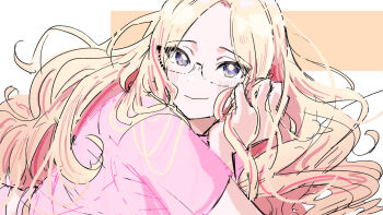 1girl alternate_costume bespectacled black-framed_eyewear blonde_hair blush commentary_request gakuen_idolmaster glasses idolmaster juo_sena kasasagi_(futagodori888) light_smile long_hair looking_at_viewer looking_to_the_side multicolored_hair pink_hair pink_shirt shirt solo streaked_hair two-tone_hair upper_body very_long_hair