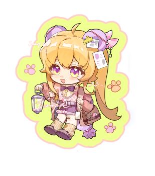 1girl :3 :d absurdres ahoge bag blonde_hair bow bowtie brown_jacket brown_shoes brown_socks chibi chibi_only full_body green_outline heiyi_mataozi highres holding holding_lantern jacket lantern long_hair long_sleeves open_clothes open_jacket open_mouth original outline pink_shirt purple_bow purple_bowtie purple_eyes purple_shorts ribbed_socks sample_watermark shirt shoes shorts simple_background smile socks solo standing twintails very_long_hair watermark white_background