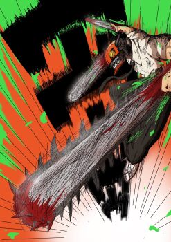 Rule 34 | 1boy, black necktie, black pants, blood, chainsaw, chainsaw man, collared shirt, commentary request, denji (chainsaw man), highres, necktie, pants, pull cord, sharp teeth, shirt, teeth, white shirt