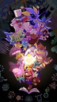 3girls 6+boys barry_(paper_mario) book boomer_(paper_mario) bowser bug butterfly carrie_(paper_mario) clown clown_boy count_bleck cudge_(paper_mario) dashell dimentio dottie fleep hat highres insect jester jester_boy luigi mario mario_(series) mimi_(paper_mario) multiple_boys multiple_girls musical_note nastasia nintendo o&#039;chunks paper_mario piccolo_(paper_mario) princess_peach slim_(paper_mario) super_paper_mario thoreau thudley tippi_(paper_mario) tiptron_(paper_mario)