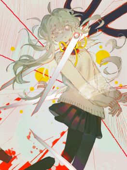 1girl artist_request black_leggings black_skirt blood bound bound_wrists cardigan charlotte_wiltshire chartaiires commentary_request hello_charlotte highres leggings ribbon scissors severed_limb simple_background skirt source_request tagme tape tears white_cardigan white_eyes white_hair yellow_ribbon