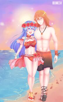 1boy 1girl abs absurdres arm_around_waist beach bikini black_one-piece_swimsuit blue_eyes blue_hair brown_eyes brown_hair fire_emblem fire_emblem:_the_binding_blade fire_emblem_heroes footprints head_wreath highres jewelry lilina_(fire_emblem) lilina_(summer)_(fire_emblem) necklace nintendo official_alternate_costume one-piece_swimsuit red_bikini rutger_(fire_emblem) sand sandals smile swimsuit water wristband