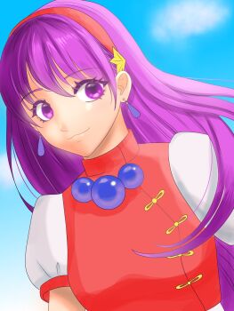 1girl asamiya_athena breasts dress hairband long_hair medium_breasts neko_723 outdoors pale_skin purple_eyes purple_hair smile smiley_face star_(symbol) the_king_of_fighters