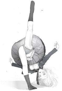 Rule 34 | 1girl, blazer, blush, full body, highres, jacket, looking at viewer, making-of available, masuda (yousaytwosin), miniskirt, navel, necktie, open clothes, open jacket, original, panties, pantyshot, parted lips, pleated skirt, school uniform, shirt, signature, simple background, skirt, solo, split, spread legs, standing, standing on one leg, standing split, underwear, white background