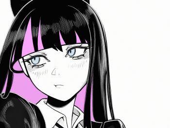 1girl ascii_art_commentary bootybear bow breasts close-up closed_mouth commentary dress hair_bow highres light_blush long_hair looking_to_the_side neck_ribbon panty_&amp;_stocking_with_garterbelt partially_colored pink_hair pout ribbon solo stocking_(psg) upper_body white_background