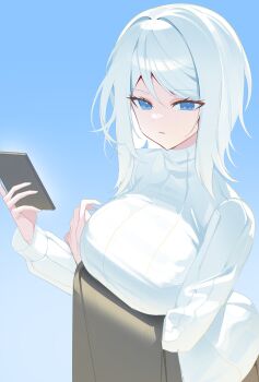 1girl absurdres arm_under_breasts blue_background blue_eyes breasts commentary_request eyelashes faust_(project_moon) gradient_background hi_i_dubu highres korean_commentary large_breasts limbus_company long_hair project_moon solo standing sweater white_hair white_sweater