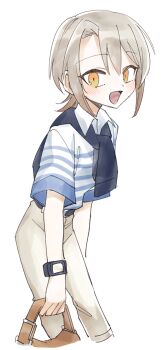 Rule 34 | 1girl, :d, alternate costume, bag, blue shirt, brown pants, collared shirt, commentary request, hasumi leia, highres, holding, holding bag, looking at viewer, mahou shoujo no majo saiban, open mouth, pants, shirt, short hair, short sleeves, simple background, smile, solo, standing, striped clothes, striped shirt, suno (imydream), white background, yellow eyes