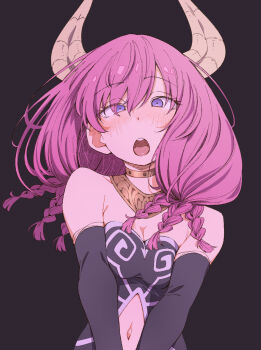 Rule 34 | 1girl, aura (sousou no frieren), bare shoulders, black background, black sleeves, braid, breasts, choker, cleavage, clothing cutout, commentary request, demon girl, demon horns, detached sleeves, eitopondo, highres, horns, looking at viewer, medium breasts, medium hair, navel, navel cutout, open mouth, pink hair, purple eyes, simple background, solo, sousou no frieren, yellow choker, yellow horns