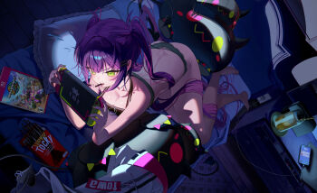 1girl absurdres ass bare_legs bare_shoulders barefoot bibi_(tokoyami_towa) black_panties black_tail black_tank_top bra brand_name_imitation butt_crack collarbone demon_girl demon_tail eun_yo food full_body green_eyes halter_shirt halterneck handheld_game_console highres hololive indoors jacket lace lace-trimmed_panties lace_trim long_hair mario_(series) mario_kart mario_kart_world mouth_hold night nintendo nintendo_switch_2 no_pants panties playing pocky solo tail tank_top tokoyami_towa tokoyami_towa_(1st_costume) twintails underwear unworn_jacket very_long_hair virtual_youtuber