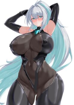 1girl aqua_eyes arms_up black_ark_ranger_(nikke) black_bodysuit blush bodysuit breasts covered_erect_nipples covered_navel cowboy_shot cream_cod elbow_gloves gloves goddess_of_victory:_nikke hair_intakes highres huge_breasts impossible_bodysuit impossible_clothes long_hair looking_at_viewer simple_background skin_tight standing thighs white_background white_hair
