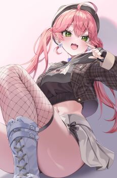 1girl :d absurdres ahoge beret black_gloves black_hat blue_choker boots brown_jacket choker commentary cropped_hoodie double-parted_bangs earrings fingerless_gloves gloves green_eyes grey_hoodie grey_skirt hair_between_eyes hat highres hololive hood hoodie jacket jewelry knee_boots long_hair looking_at_viewer mi_ke0224 midriff miniskirt navel official_alternate_costume official_alternate_hairstyle open_mouth pink_hair plaid_clothes plaid_jacket pleated_skirt pom_pom_(clothes) pom_pom_earrings sakura_miko sakura_miko_(micomet) simple_background single_fishnet_legwear single_thighhigh sitting skirt smile solo symbol-only_commentary thighhighs twintails virtual_youtuber white_boots