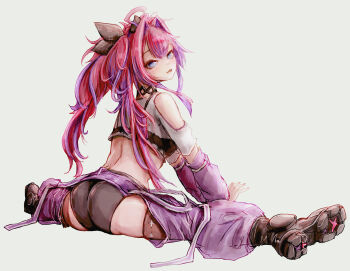 1girl absurdres ass black_bow black_bra black_choker black_shoes black_shorts black_thighhighs blue_eyes bow bra bra_over_clothes chaps chestnut_mouth choker clothing_cutout commentary_request cropped_shirt cross-shaped_pupils flexible full_body grey_background hair_bow highres hololive hololive_dev_is jewelry kikirara_vivi kikirara_vivi_(1st_costume) long_hair looking_at_viewer median_furrow multicolored_hair neck_ring nymph_rhythm pink_hair purple_arm_warmers purple_chaps purple_streaks shirt shoe_soles shoes short_shorts shorts shoulder_cutout side_sitting_split simple_background sitting_split solo split symbol-shaped_pupils thighhighs thighs twintails underwear v_arms very_long_hair virtual_youtuber white_shirt