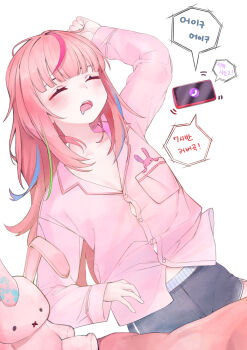 1girl arm_up blush breast_pocket button_gap cellphone closed_eyes commentary_request cowboy_shot drooling elppi grey_shorts hanako_nana highres korean_commentary korean_text long_hair long_sleeves open_mouth pajamas peto_(hanako_nana) phone pink_hair pink_pajamas pink_shirt pocket shirt short_shorts shorts simple_background sleeping smartphone solo speech_bubble stellive straight_hair stuffed_animal stuffed_rabbit stuffed_toy translation_request variant_set virtual_youtuber white_background