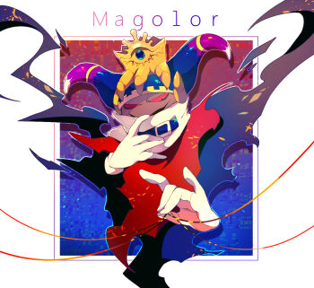 belt belt_buckle belt_collar blue_belt blue_horns buckle cape character_name collar colored_sclera commentary_request crown disembodied_hand evil_smile gloves holding holding_string horns kirby_(series) large_horns looking_at_hand magolor master_crown multicolored_horns nintendo no_humans pulling_own_clothes purple_horns rayman_limbs red_cape red_sclera scarf scarf_pull shirushiki slit_pupils smile smoke solo string traitor_magolor two-tone_horns white_background white_gloves white_scarf yellow_headwear