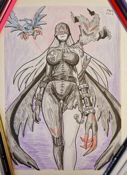 1girl absurdres artist_name black_bodysuit bodysuit border breasts colored_skin cowboy_shot demon_girl digimon digimon_(creature) grey_hair grey_skin highres kaschmatz ladydevimon large_breasts long_hair photo_(medium) picodevimon purple_lips solo_focus torn_bodysuit torn_clothes traditional_media white_border