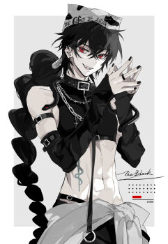 1boy abs absurdres belt_collar bishounen black_hair black_nails border braid chain chain_necklace clothes_around_waist collar crossed_bangs detached_sleeves ear_piercing grey_background hair_between_eyes hair_rings hat highres jewelry judal long_hair long_sleeves looking_at_viewer magi_the_labyrinth_of_magic male_focus meng_ziya midriff nail_polish navel necklace open_mouth own_hands_together pale_skin piercing red_eyes simple_background single_braid smile solo spot_color stomach_tattoo tattoo toned toned_male upper_body white_border