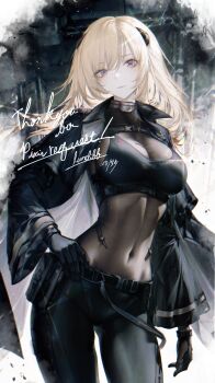 1girl absurdres alternate_costume black_gloves black_jacket black_pants blonde_hair bodystocking breasts closed_mouth commentary commission g3_(girls&#039;_frontline) girls&#039;_frontline gloves highres jacket large_breasts long_hair looking_at_viewer open_clothes open_jacket pants pixiv_commission purple_eyes renoahh solo thank_you