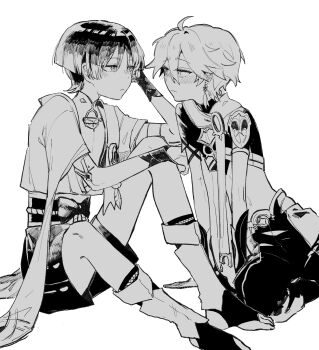 2boys aether_(genshin_impact) ahoge arm_armor armor baggy_pants belt blunt_ends blush bow braid bridal_gauntlets clenched_hand closed_mouth earrings full_body genshin_impact gloves greyscale hair_between_eyes half-closed_eyes han&#039;eri hand_on_own_head hand_up highres jewelry leaf leg_warmers long_hair looking_at_another low-braided_long_hair low-tied_long_hair male_focus mandarin_collar midriff monochrome multiple_boys navel no_headwear open_clothes open_vest pants pom_pom_(clothes) ring sandals scaramouche_(genshin_impact) scarf shirt short_hair short_sleeves shoulder_armor shy simple_background single_braid single_earring sitting sleeveless sleeveless_shirt socks star_(symbol) vest wanderer_(genshin_impact) wavy_mouth yaginori