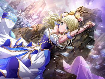 Rule 34 | 1girl, andromeda (mythology), aqua eyes, armpits, blonde hair, blurry, blurry foreground, boulder, bound, chain, chain leash, dress, furrowed brow, game cg, greek mythology, leash, long dress, long hair, looking at viewer, official art, parted lips, restrained, shoujo kageki revue starlight, shoujo kageki revue starlight -re live-, sleeveless, sleeveless dress, solo, standing, upper body, water, white dress, yumeoji shiori