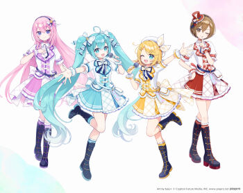 4girls ahoge aqua_dress aqua_eyes aqua_hair arm_up black_boots blonde_hair blue_eyes blush boots bow brown_eyes brown_hair chon_(chon33v) collared_shirt commentary_request dress full_body hair_between_eyes hair_bow hat hatsune_miku heart heart_ahoge highres index_finger_raised kagamine_rin long_hair looking_at_viewer megurine_luka meiko_(vocaloid) mini_hat mini_top_hat multiple_girls one_eye_closed open_mouth piapro_studio pink_hair pink_skirt plaid_clothes plaid_dress plaid_skirt pleated_skirt red_skirt scrunchie shirt short_hair short_sleeves skirt smile standing standing_on_one_leg top_hat twintails very_long_hair vocaloid white_dress white_scrunchie white_shirt wrist_scrunchie