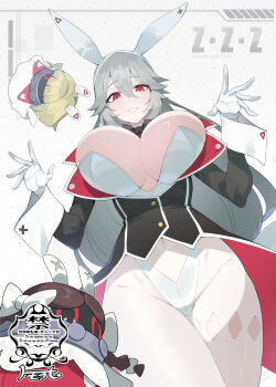 1girl alexandrina_sebastiane alternate_costume anastella_(zenless_zone_zero) animal_ear_hairband animal_ears bangboo_(zenless_zone_zero) black_bow black_bowtie black_jacket blush bow bowtie breasts commentary_request copyright_name covered_navel cowboy_shot detached_collar dotted_background drusilla_(zenless_zone_zero) fake_animal_ears from_below gloves grey_hair hair_between_eyes hairband hands_up high-waist_pantyhose highres jacket large_breasts leotard long_hair looking_at_viewer matsumoto_tomoyohi pantyhose parted_lips playboy_bunny rabbit_ear_hairband rabbit_ears red_eyes strapless strapless_leotard white_background white_gloves white_leotard white_pantyhose white_wrist_cuffs wrist_cuffs zenless_zone_zero