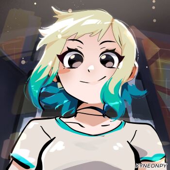 1girl absurdres artist_name black_eyes blonde_hair clip_studio_paint_(medium) closed_mouth colored_tips commentary commission english_commentary highres kyneonpy looking_at_viewer looking_down multicolored_hair official_style ramona_flowers scott_pilgrim_(series) scott_pilgrim_takes_off shirt short_hair short_sleeves smile solo upper_body white_shirt