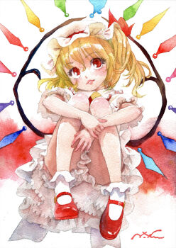 1girl absurdres ascot back_bow blonde_hair bloomers blush bow commentary_request crystal_wings dress fetal_position flandre_scarlet full_body hat hat_ribbon highres lips looking_at_viewer mary_janes misawa_hiroshi mob_cap painterly painting_(medium) petticoat red_dress red_eyes red_ribbon red_shoes ribbon shoes side_ponytail signature simple_background socks solo thighs touhou traditional_media underwear white_bloomers white_socks wings yellow_ascot