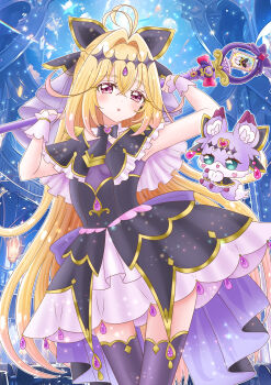 Rule 34 | 1girl, antenna hair, armpits, black bow, black dress, black necktie, blonde hair, bow, braid, brooch, commentary request, cure arcana shadow, dress, earrings, gradient hair, hair between eyes, hair intakes, hair ornament, half up braid, heart, heart brooch, highres, holding, holding rod, jewelry, long hair, looking at viewer, magical girl, mashu-tan, meitantei precure!, moria luluka, multicolored hair, necktie, parted lips, pink eyes, pink hair, precure, purple nails, purple thighhighs, purple veil, rinco, rod, solo, tear arcana rod, thighhighs, thighs, veil, wand