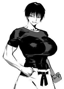 Rule 34 | 1girl, black hair, black shirt, breasts, clenched hand, commentary, compression shirt, cowboy shot, english commentary, fushiguro toji, genderswap, genderswap (mtf), greyscale, grin, highres, jujutsu kaisen, large breasts, looking to the side, monochrome, muscular, muscular female, pants, scar, scar on face, scar on lip, scar on mouth, shirt, short hair, smile, solid circle eyes, solo, tight clothes, tight shirt, tomatoketchup96, tsurime, white background, white pants