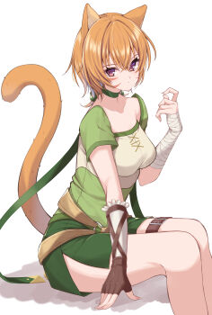 1girl animal_ears belt breasts cat_ears cat_girl choker closed_mouth collar commentary_request eyelashes facepaint facial_mark fire_emblem fire_emblem:_path_of_radiance fire_emblem:_radiant_dawn green_choker green_collar green_shorts hair_between_eyes hand_guard highres jiino laguz_(fire_emblem) lethe_(fire_emblem) looking_at_viewer medium_breasts nintendo o-ring o-ring_belt orange_hair orange_tail purple_eyes shorts side_slit side_slit_shorts sitting solo thigh_belt thigh_strap thighs whisker_markings white_background wrist_wrap