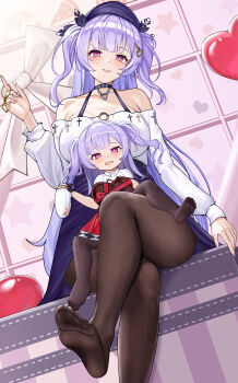 Rule 34 | 1girl, :d, absurdres, ajax (azur lane), ajax (valentine's reward?) (azur lane), azur lane, bare shoulders, blush, box, breasts, commentary request, crossed legs, gift, grin, hair ornament, hand up, hat, heart, heart-shaped box, heart hair ornament, highres, holding, holding gift, large breasts, leg up, long hair, mother and daughter, off-shoulder shirt, off shoulder, open mouth, pantyhose, pink eyes, purple hair, purple skirt, shirt, sitting, sitting on lap, sitting on person, skirt, smile, solo, thighs, very long hair, white shirt, zbfmkc