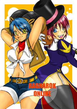 2000s_(style) 2girls :d armpits arms_behind_head arms_up backpack bag bandana belt black_hat black_horns black_thighhighs blacksmith_(ragnarok_online) blue_eyes blue_hair blue_shorts blush breasts brown_bag brown_belt brown_gloves closed_mouth collared_shirt commentary_request copyright_name cowboy_shot crop_top dress fake_horns fingerless_gloves garter_straps gloves hat horns juliet_sleeves large_breasts long_sleeves looking_at_viewer midriff multiple_girls navel open_mouth pink_hair priest_(ragnarok_online) puffy_sleeves purple_dress ragnarok_online red_bandana shirt short_hair short_shorts shorts side_slit sleeveless sleeveless_shirt smile thighhighs tied_shirt top_hat white_shirt yellow_eyes yuuya