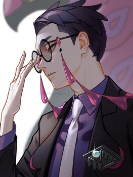 Rule 34 | 1boy, adjusting eyewear, black-framed eyewear, black hair, black jacket, bug, centipede, collared shirt, corbeau (pokemon), eyewear strap, gen 5 pokemon, glasses, highres, jacket, long sleeves, male focus, mano (mano mano 5), mega stone, necktie, nintendo, open clothes, open jacket, parted hair, parted lips, pokemon, pokemon (creature), pokemon legends: z-a, purple hair, purple shirt, round eyewear, scolipede, shirt, short hair, short sideburns, undercut, upper body, white necktie, yellow eyes