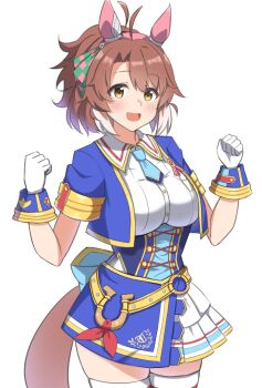 1girl ahoge animal_ears blue_jacket blue_necktie blush bow breasts brown_eyes brown_hair checkered_ribbon corset criss-cross_strings cropped_jacket dantsu_flame_(umamusume) ear_covers ear_ornament ear_ribbon glorious_azure_costume_(umamusume) gloves hair_between_eyes hairband highres horse_ears horse_girl horse_tail jacket large_breasts looking_at_viewer multicolored_hair necktie official_alternate_costume open_mouth pink_hairband shirt short_necktie short_sleeves simple_background skirt smile solo tail thighhighs umamusume white_background white_gloves white_hair white_skirt white_thighhighs yukia2