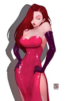 1girl absurdres artist_logo bare_shoulders breasts brown_hair collarbone commentary dress earrings elbow_gloves english_commentary fumezu1 gloves hair_over_one_eye hands_on_own_hips highres jessica_rabbit jewelry logo long_hair pink_dress purple_gloves shadow shiny_clothes side_slit solo strapless strapless_dress white_background who_framed_roger_rabbit