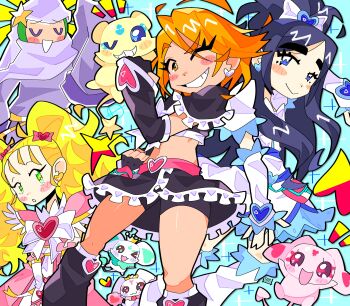 3girls absurdres bike_shorts black_hair black_shirt black_skirt black_wrist_cuffs blinking blonde_hair blue_eyes blush bourbunbun bow brooch closed_eyes crown cure_black cure_black_pose cure_white cure_white_pose dress earrings frilled_skirt frilled_sleeves frills futari_wa_precure futari_wa_precure_max_heart hair_bow hair_ornament heart heart_brooch heart_earrings heart_hair_ornament highres jewelry kujou_hikari long_hair looking_at_another lulun mepple midriff mini_crown mipple misumi_nagisa multiple_girls one_eye_closed orange_eyes pink_dress porun precure shirt short_hair skirt sparkle thick_eyebrows twintails very_long_hair white_bow white_dress white_wrist_cuffs wisdom_(precure) wrist_cuffs yukishiro_honoka