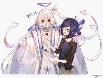 !? 1girl 1other :d a-chan_(2nd_costume)_(hololive) a-chan_(hololive) black-framed_eyewear black_jacket blue_hair blue_shirt bodysuit bow cloak commentary commentary_request english_commentary gradient_hair green_eyes grey_pants hair_between_eyes hair_bow halo highres holding holding_paper holding_stylus hololive hololive_english jacket jun_wei long_hair long_hair_between_eyes mixed-language_commentary multicolored_hair multicolored_halo omega_alpha open_clothes open_jacket open_mouth pants paper pink_hair rainbow_halo red_eyes shirt signature smile striped_clothes striped_shirt stylus teeth triangle_halo very_long_hair virtual_youtuber white_background white_bodysuit white_cloak white_hair