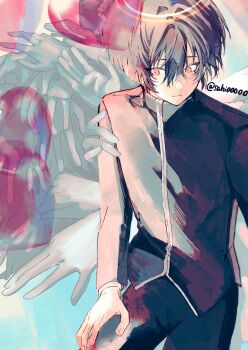 1boy black_hair black_jacket black_pants closed_mouth commentary_request cowboy_shot double-parted_bangs hair_between_eyes hand_wings heart highres jacket long_sleeves looking_to_the_side male_focus original pants red_eyes sahi00000 short_hair solo wings