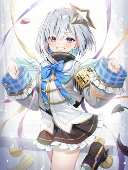 1girl :d absurdres aiguillette amane_kanata amane_kanata_(1st_costume) angel_wings armband asymmetrical_hair black_boots black_skirt blue_bow blue_bowtie blue_hair blue_wings bob_cut boots bow bowtie colored_inner_hair commentary_request cropped_jacket feathered_wings frilled_skirt frills gradient_wings grey_hair grey_jacket grin halo hands_up highres hololive jacket long_sleeves looking_at_viewer mini_wings miniskirt multicolored_hair multicolored_wings open_mouth pink_streaks purple_eyes runlan_0329 sailor_collar shirt short_hair single_hair_intake skirt sleeve_cuffs sleeves_past_wrists smile solo standing standing_on_one_leg star_halo streaked_hair tilted_halo turtleneck virtual_graduation_commemoration virtual_youtuber white_sailor_collar white_shirt white_wings wide_sleeves wings
