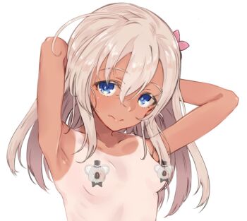 Rule 34 | alakoala, armpits, arms behind head, arms up, blonde hair, blue eyes, breasts, censored, collarbone, commentary request, double-parted bangs, flower, hair between eyes, hair flower, hair ornament, kantai collection, long hair, looking at viewer, nipples, novelty censor, pink flower, ro-500 (kancolle), sidelocks, simple background, small breasts, tan, tanline, upper body, white background