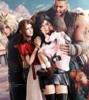 3d aerith_gainsborough armor asymmetrical_bangs asymmetrical_hair barret_wallace beard belt black_hair blonde_hair blouse blue_eyes bracelet braid brown_hair brown_vest child choker closed_eyes cloud_strife cropped_jacket dress earrings facial_hair father_and_daughter final_fantasy final_fantasy_vii final_fantasy_vii_remake fingerless_gloves gainsborough_house gloves green_eyes green_pants group_hug hair_ribbon hand_on_another's_shoulder highres holding_person hug jacket jewelry kissing_cheek long_dress marlene_wallace necklace one_eye_closed pants pink_dress pink_ribbon red_eyes red_fur red_jacket red_xiii ria-neearts ribbon shirt short_hair shoulder_armor single_earring skirt sleeveless sleeveless_turtleneck spiked_hair square_enix straight_hair suspender_skirt suspenders thighhighs tifa_lockhart torn_clothes torn_sleeves turtleneck upper_body very_short_hair vest wavy_hair white_shirt wink zettai_ryouiki
