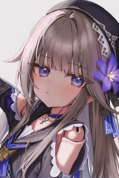 1girl absurdres beret choker clothing_cutout commentary_request doll_joints flower h.yasai hair_flower hair_ornament hat herta_(honkai:_star_rail) herta_(puppet)_(honkai:_star_rail) highres honkai:_star_rail honkai_(series) joints long_hair looking_at_viewer partial_commentary purple_choker purple_eyes shoulder_cutout solo
