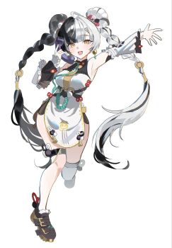 1girl bare_shoulders black_hair blush braid breasts china_dress chinese_clothes detached_sleeves dialyn_(zenless_zone_zero) dodosaae dress earrings frilled_sleeves frills hair_ornament hairclip highres holding holding_phone jewelry long_hair looking_at_viewer medium_breasts multicolored_hair necktie open_mouth panda_hair_ornament phone red_nails solo split-color_hair teeth tongue twin_braids twintails white_background white_dress white_hair wire yellow_eyes yellow_necktie zenless_zone_zero