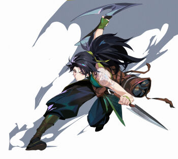 Rule 34 | 1other, absurdres, arm tattoo, bare shoulders, black hair, black pants, boots, character request, chest tattoo, closed mouth, commentary request, copyright request, fingerless gloves, full body, gloves, green boots, green gloves, grey background, highres, holding, holding knife, knee boots, knife, kulu (ku-lu), long hair, looking at viewer, making-of available, pants, red eyes, running, shoulder tattoo, simple background, sleeveless, tattoo, white background