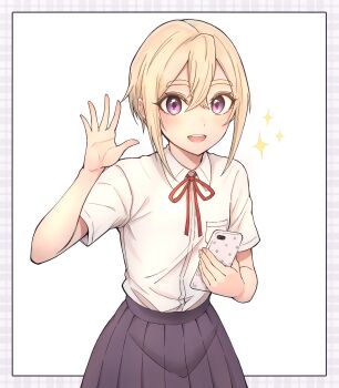 Rule 34 | 1girl, :d, absurdres, bare arms, black skirt, blonde hair, border, chinese commentary, collared shirt, commentary, commentary request, cowboy shot, crossed bangs, english commentary, hair between eyes, hand up, highres, holding, holding phone, kimi no koto ga dai dai dai dai daisuki na 100-nin no kanojo, looking at viewer, mixed-language commentary, neck ribbon, ohananomitsu high school uniform, open mouth, phone, pigsir13152, pleated skirt, purple eyes, red ribbon, ribbon, school uniform, shirt, short hair, short sleeves, simple background, skirt, smile, solo, sparkle, sutou iku, teeth, upper teeth only, waving, white background, white shirt, wing collar