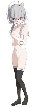 1girl absurdres black_thighhighs blush flashlight flat_chest freckles full_body glasses grey_eyes grey_hair highres holding holding_flashlight loli long_hair low_twintails mole navel nipples nude open_mouth original sea_slug_ears sea_slug_girl solo thighhighs twintails yoru_uyo
